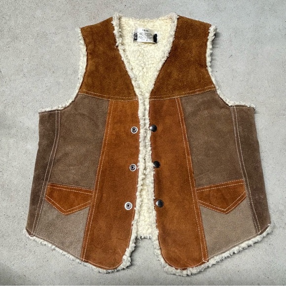 Vintage I.D.M. 100% Leather Vest Suede Youth Western Cowboy Sherpa Colorblock